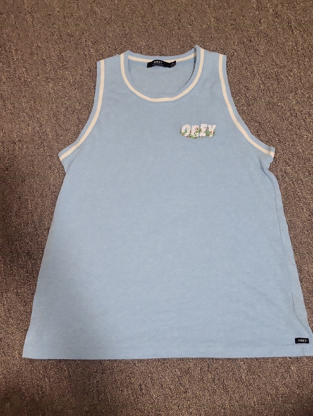 Obey Pastel Blue Tank with White Trim and Floral Logo
